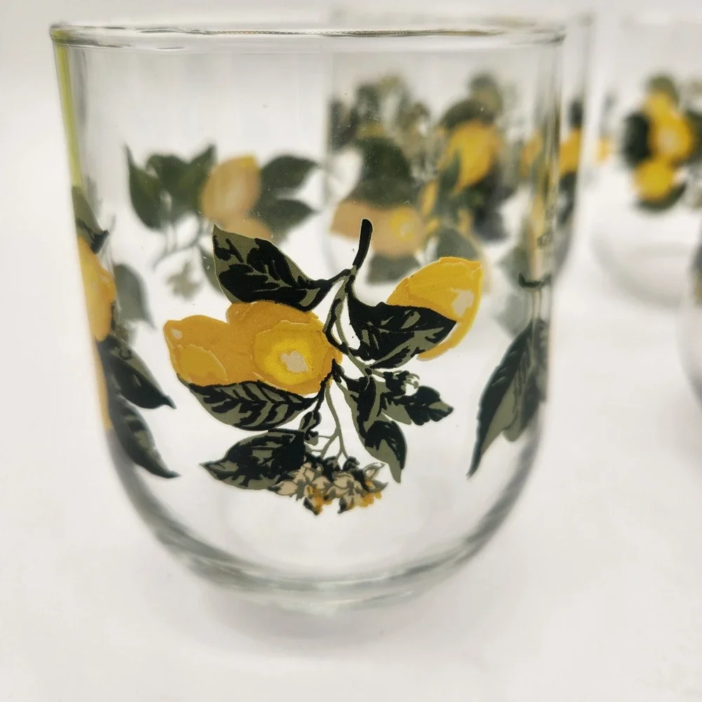 Set of 4 Lemon Citrus Print Stemless Wine Glasses Tumblers Clear‎ Yellow Green